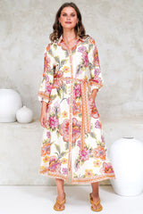 Francis Midi Dress - Collared Shirt Dress with Matching Belt in Elle Print Pink