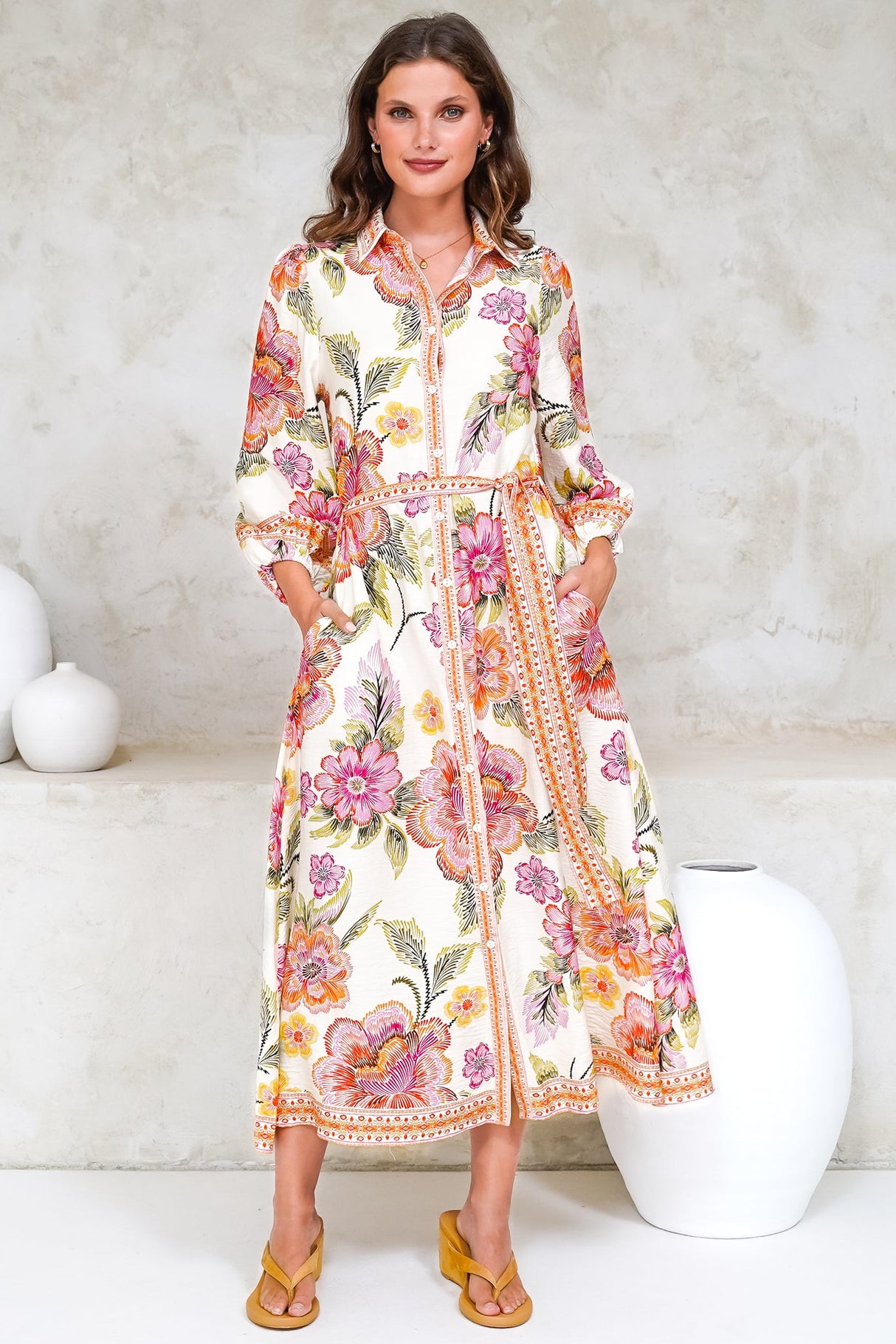 Francis Midi Dress - Collared Shirt Dress with Matching Belt in Elle Print Pink