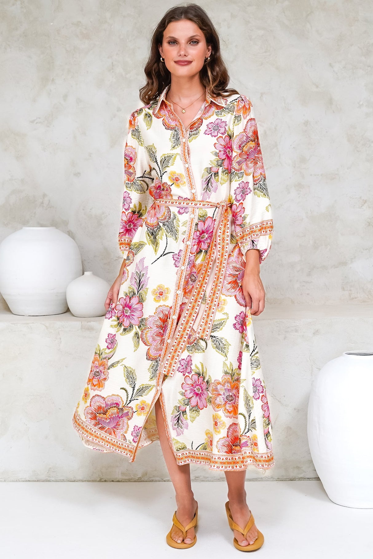 Francis Midi Dress - Collared Shirt Dress with Matching Belt in Elle Print Pink