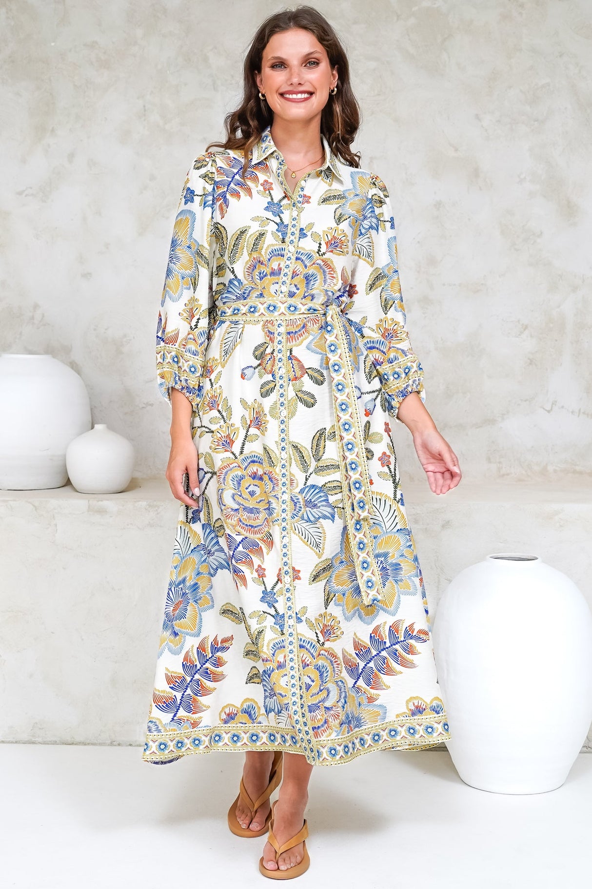 Francis Midi Dress - Collared Shirt Dress with Matching Belt in Elle Print White