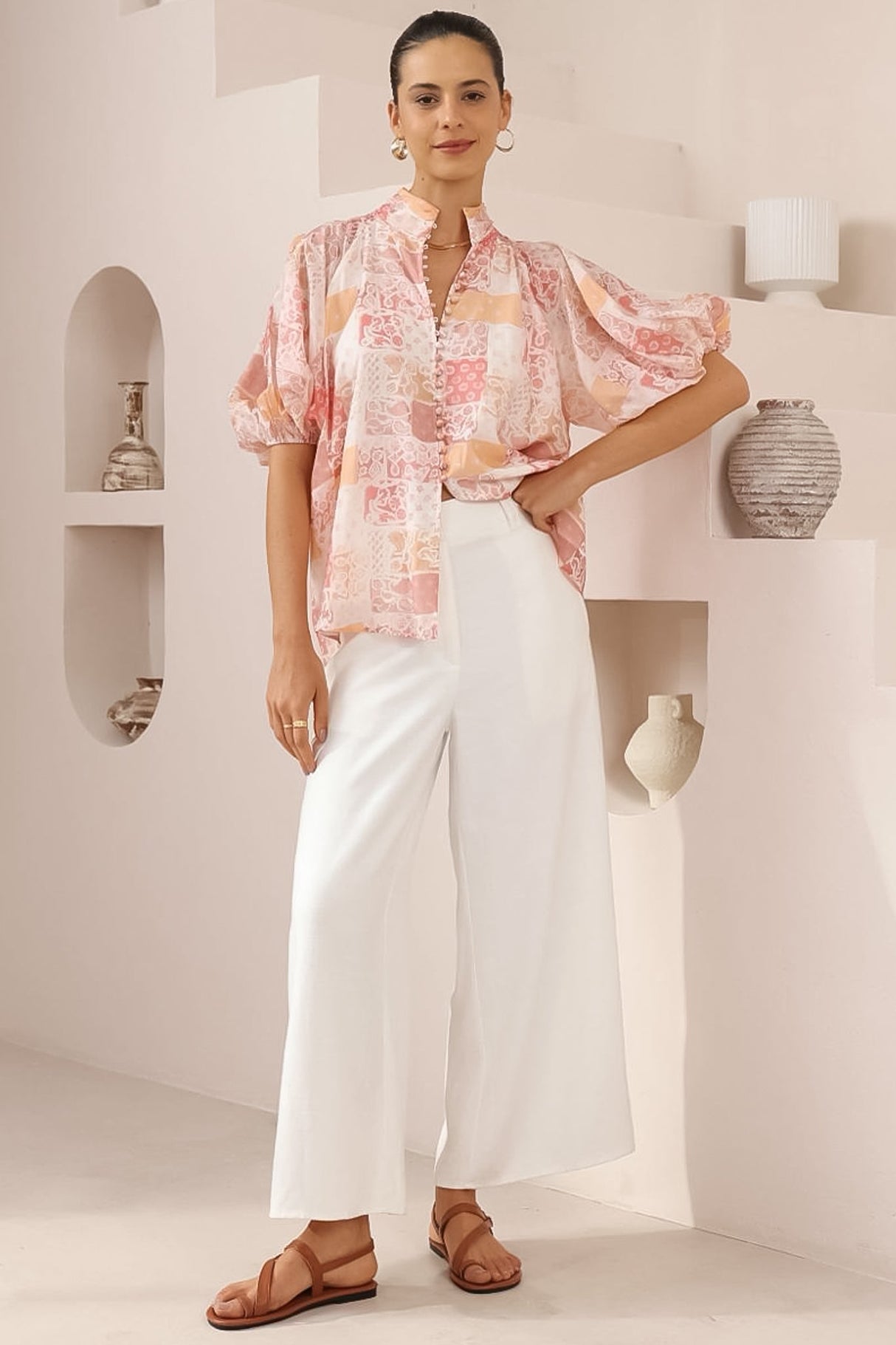Frankie Blouse - High Mandarin Collar Buttoned Down Top in Hannah Print