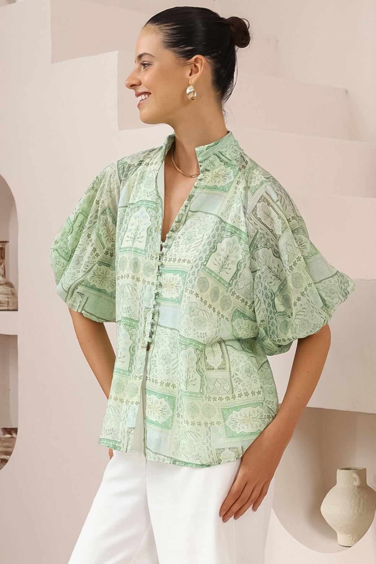 Frankie Blouse - High Mandarin Collar Buttoned Down Top in Maxine Print