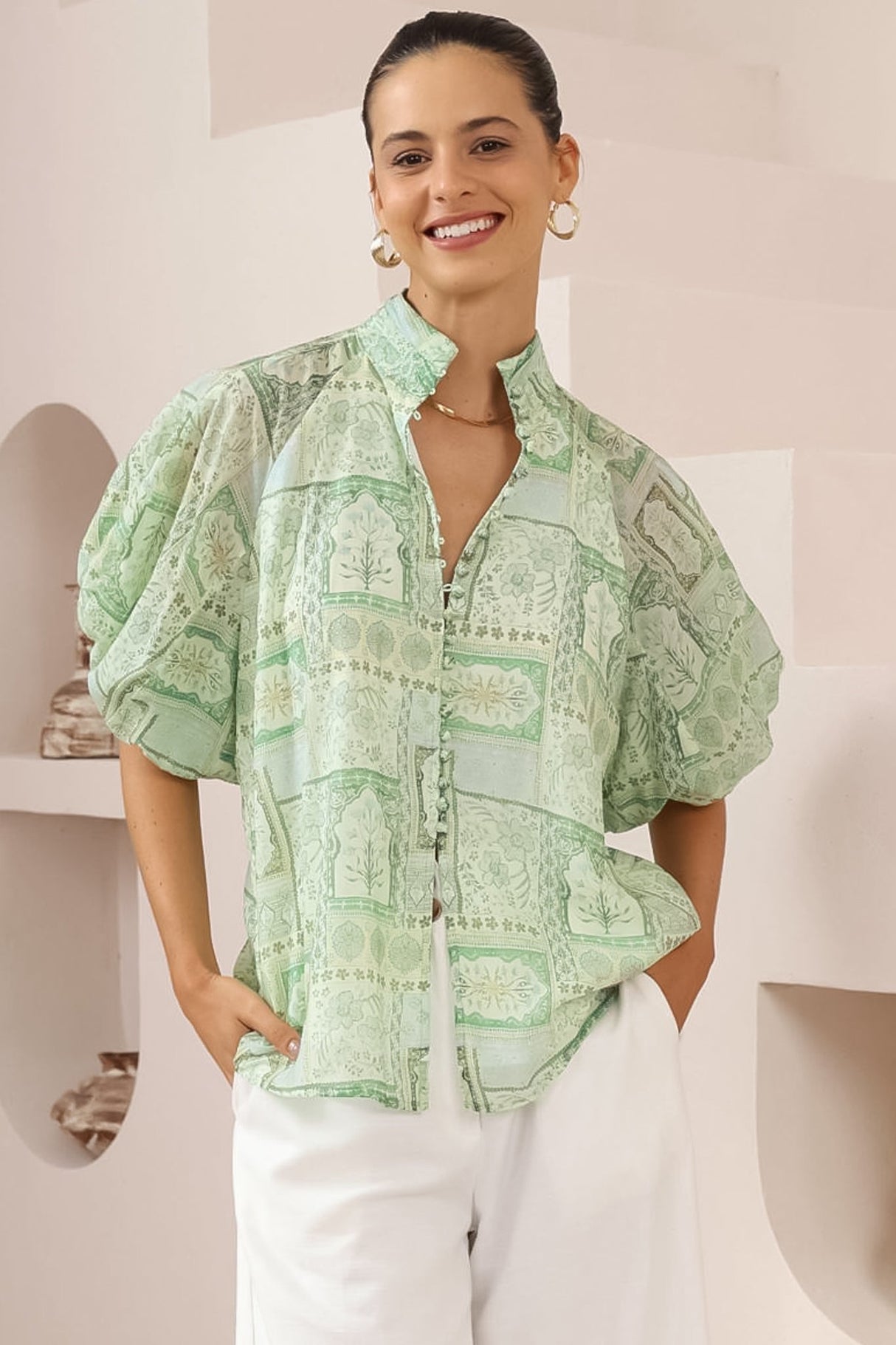 Frankie Blouse - High Mandarin Collar Buttoned Down Top in Maxine Print