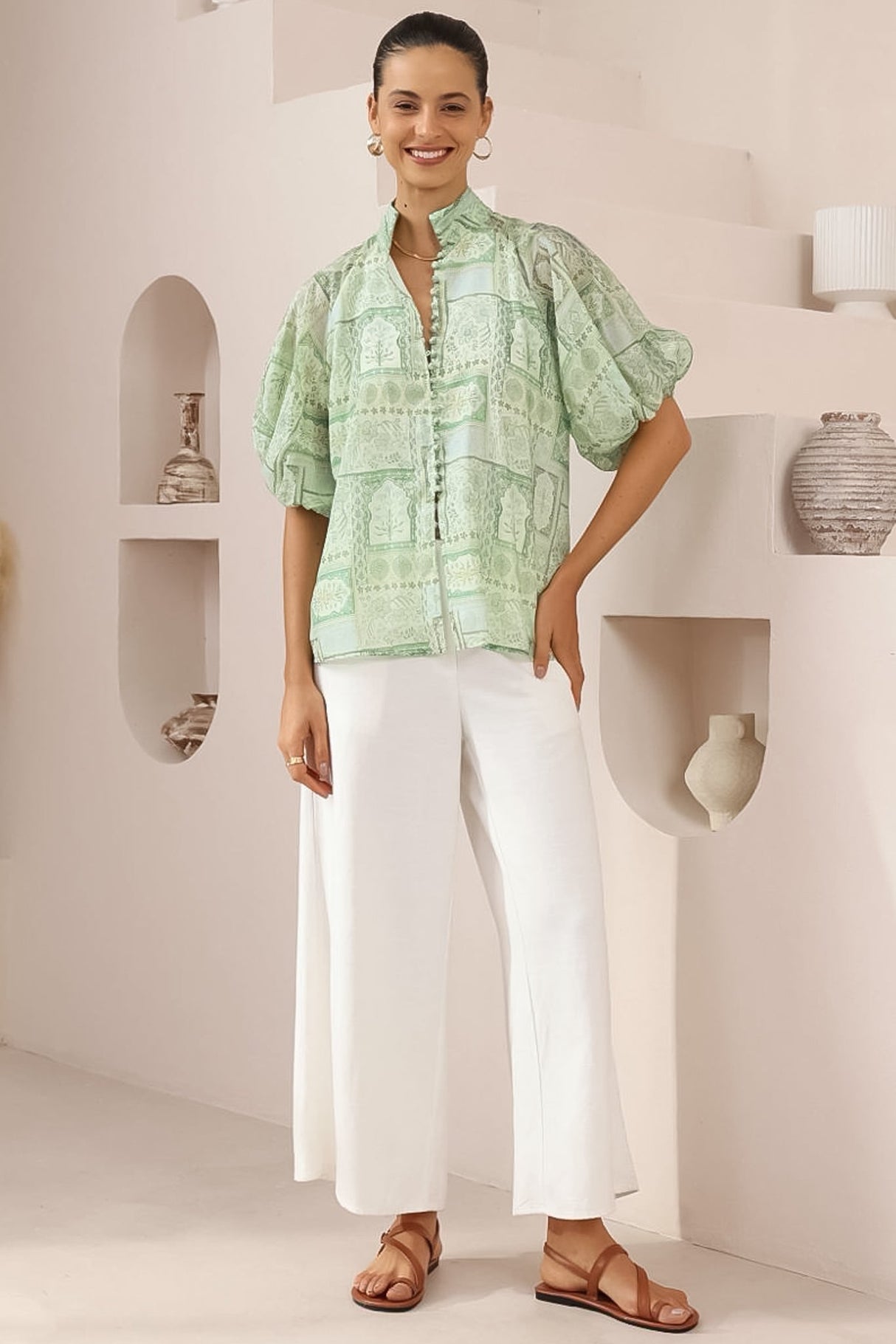 Frankie Blouse - High Mandarin Collar Buttoned Down Top in Maxine Print