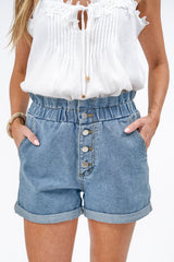 Frankie Denim Shorts - High Waisted Paperbag Shorts in Mid Denim