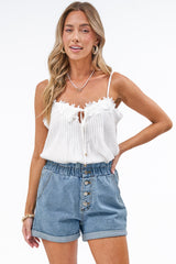 Frankie Denim Shorts - High Waisted Paperbag Shorts in Mid Denim