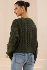 Freddy Cardigan - Button Front Crew Neck Cable Knit Cardigan in Green
