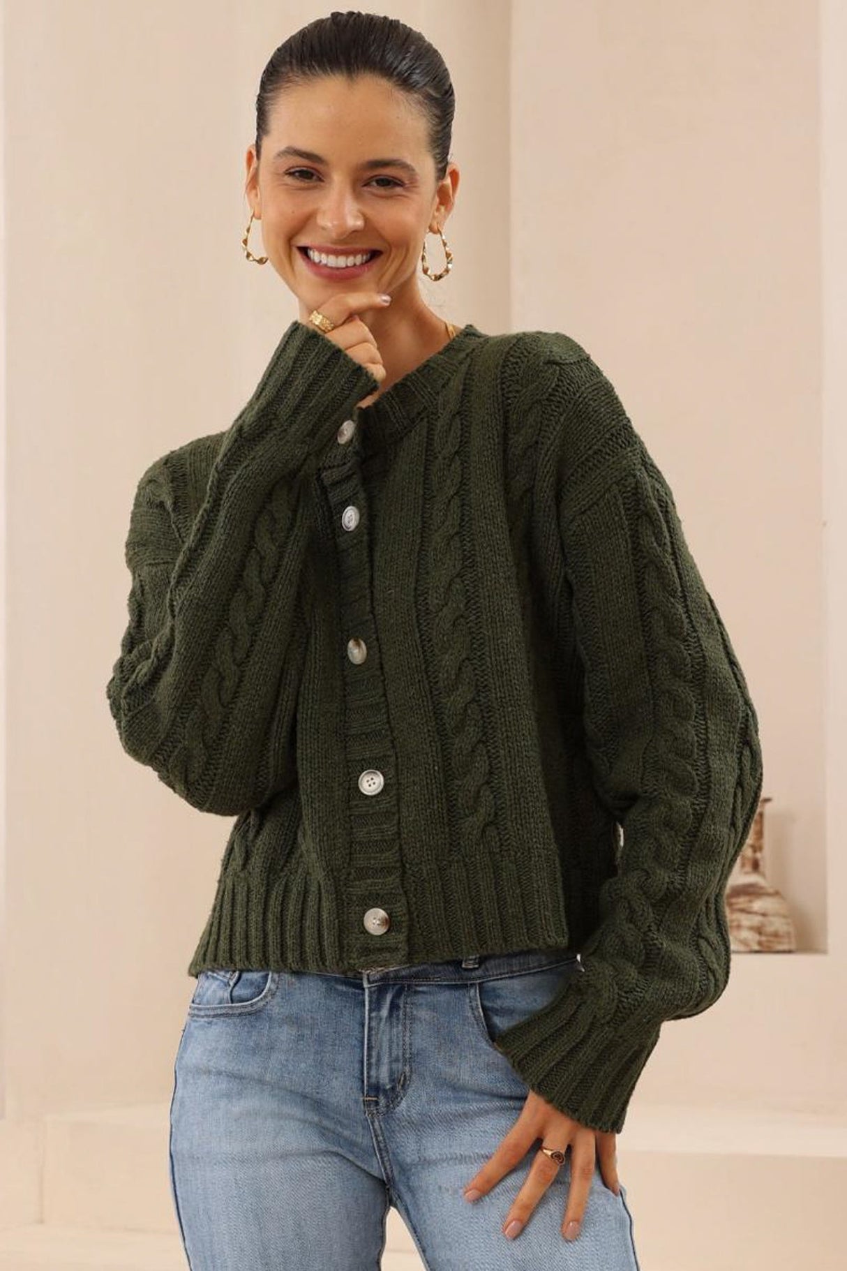 Freddy Cardigan - Button Front Crew Neck Cable Knit Cardigan in Green