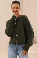 Freddy Cardigan - Button Front Crew Neck Cable Knit Cardigan in Green