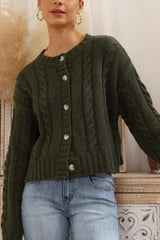 Freddy Cardigan - Button Front Crew Neck Cable Knit Cardigan in Green