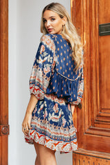 JAASE - French Mini Dress: Yoke Neckline Dress with Matching Belt in Asha Print