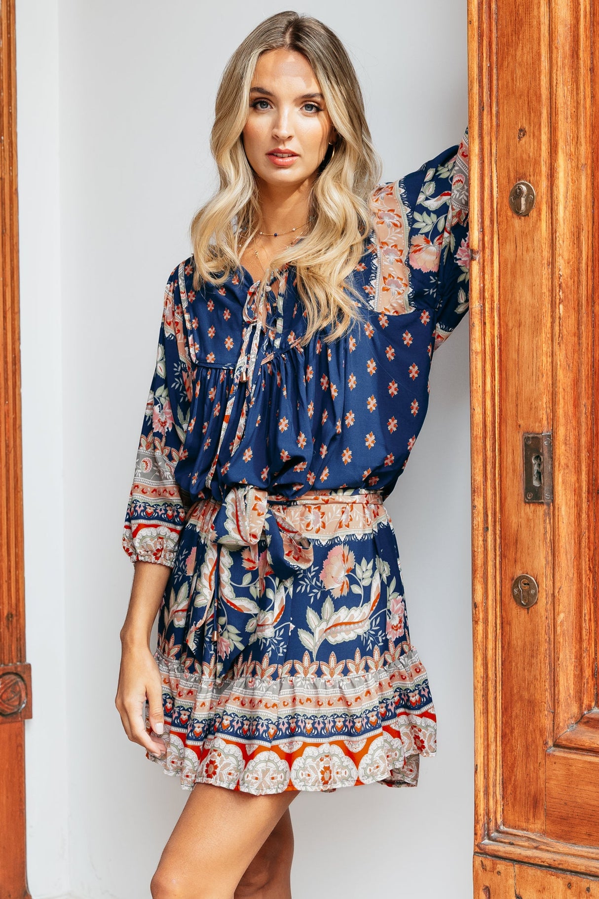 JAASE - French Mini Dress: Yoke Neckline Dress with Matching Belt in Asha Print