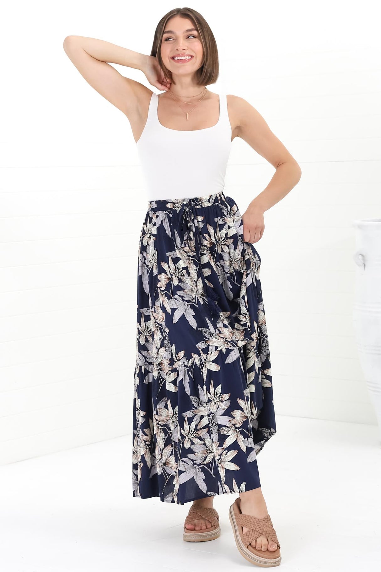 Frigg Maxi Skirt - High Waisted Tiered Skirt in Floral Print