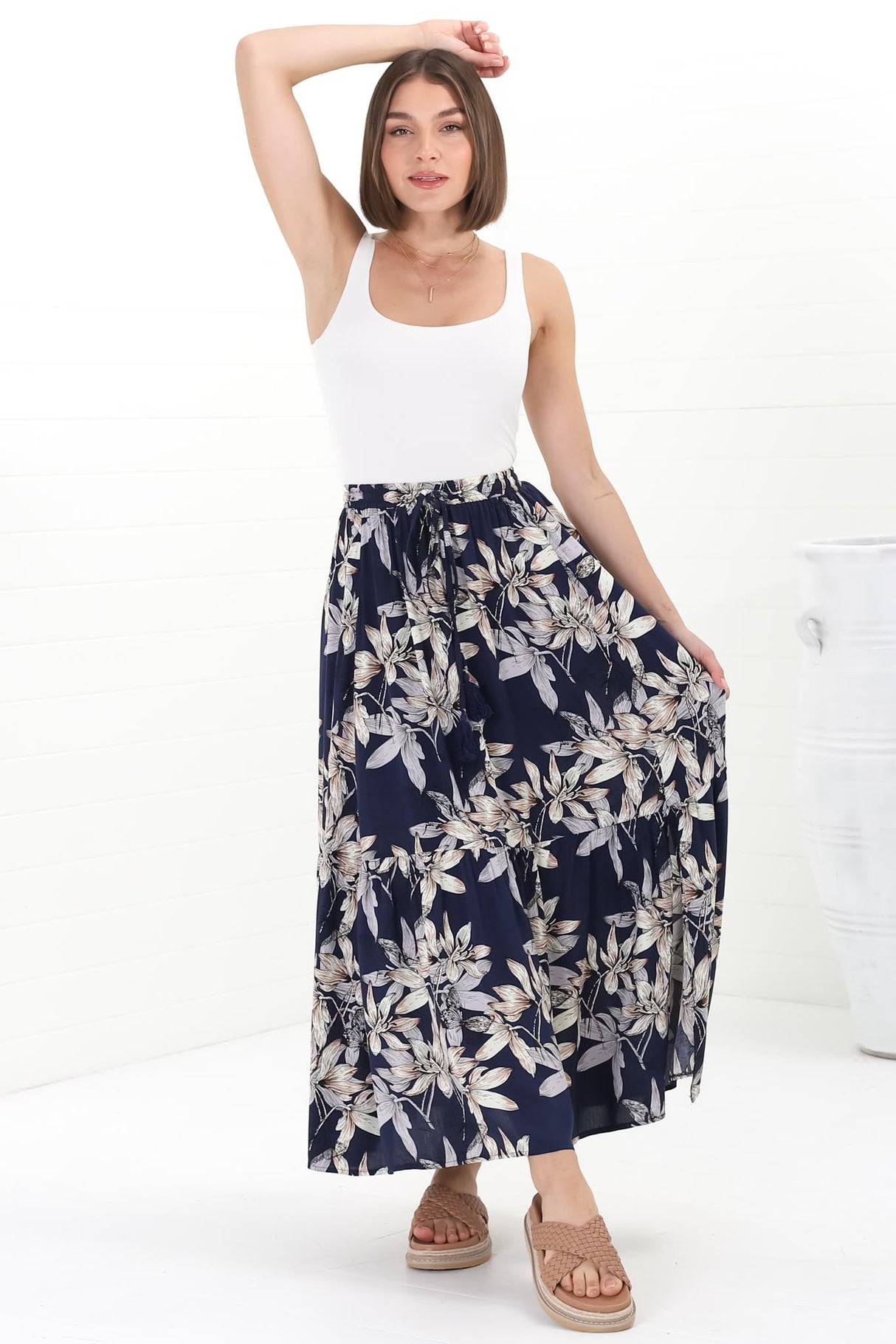 Frigg Maxi Skirt - High Waisted Tiered Skirt in Floral Print