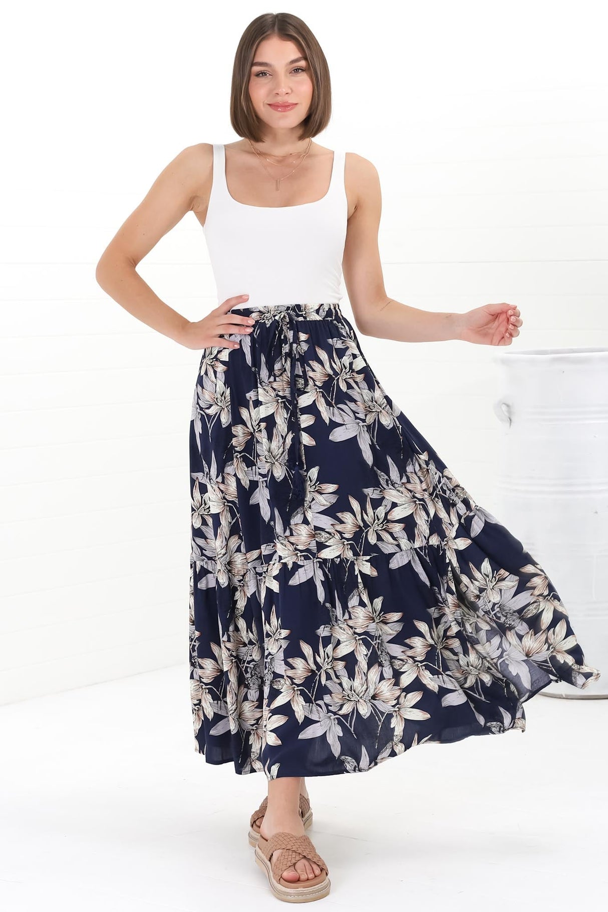 Frigg Maxi Skirt - High Waisted Tiered Skirt in Floral Print