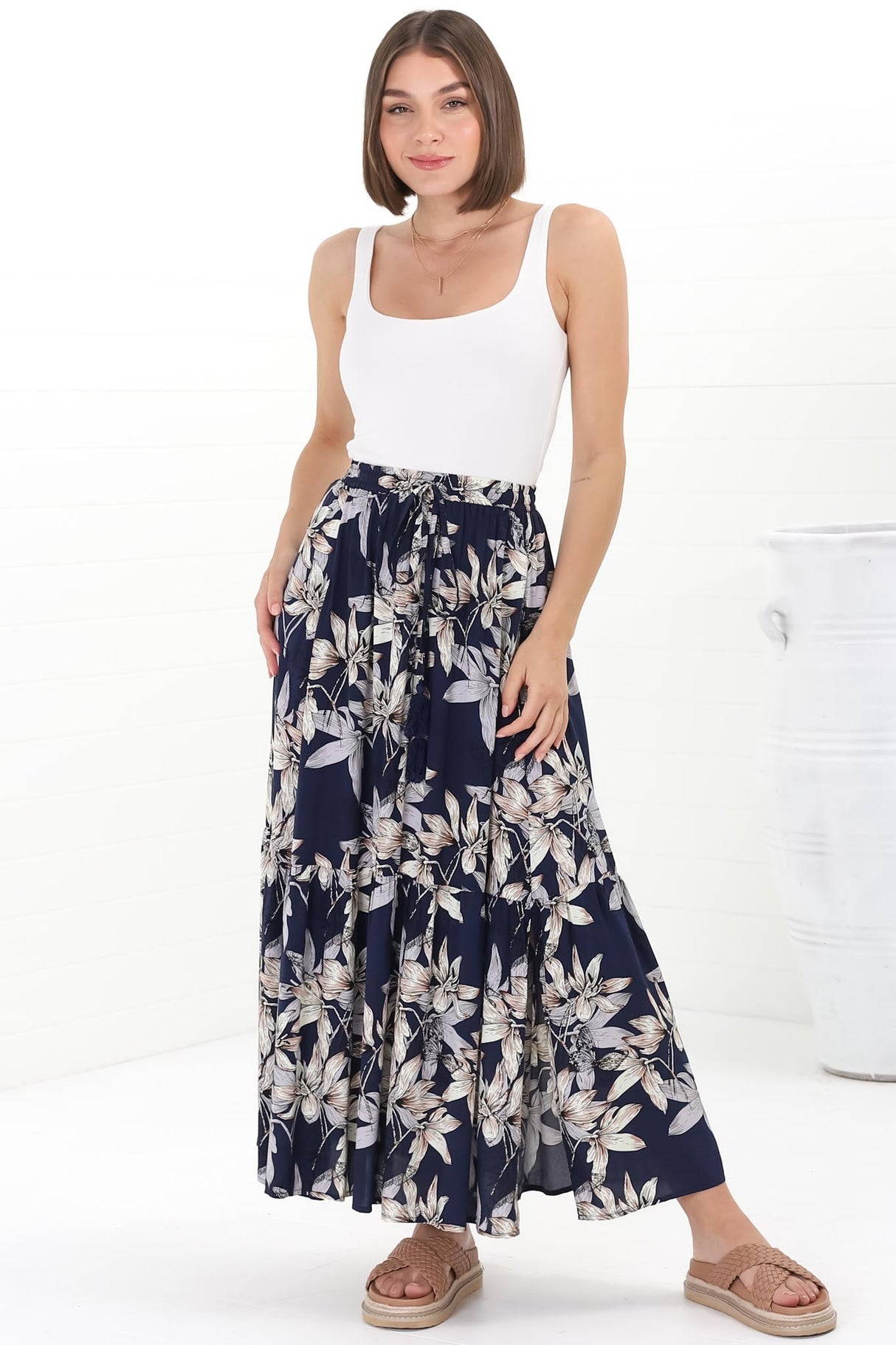 Frigg Maxi Skirt - High Waisted Tiered Skirt in Floral Print