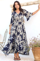 Frigg Maxi Dress - Buttoned Bodice A Line Dress With Flute Sleeves In Navy