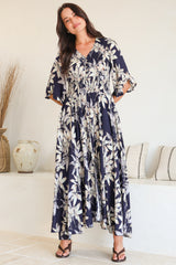 Frigg Maxi Dress - Buttoned Bodice A Line Dress With Flute Sleeves In Navy
