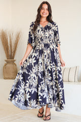 Frigg Maxi Dress - Buttoned Bodice A Line Dress With Flute Sleeves In Navy