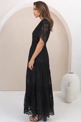 Madeline Maxi Dress - Lace Trim Embroidered A Line Dress in Black