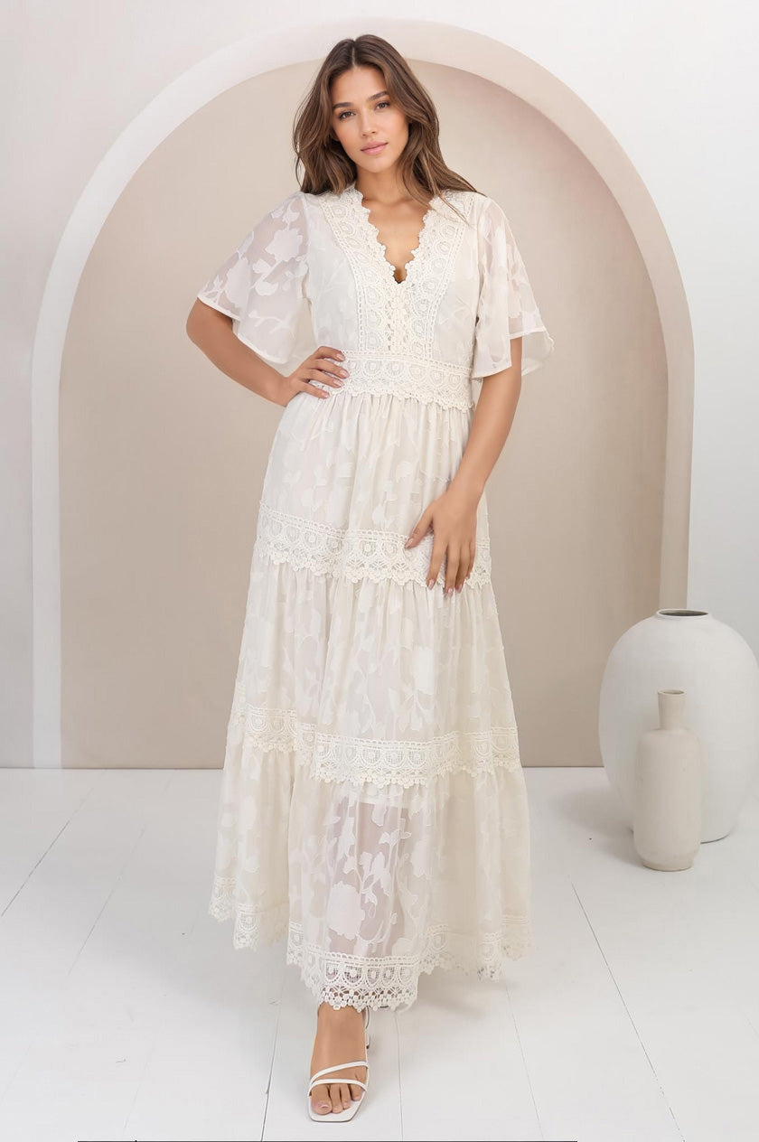 Madeline Maxi Dress - Lace Trim Embroidered A Line Dress in Cream