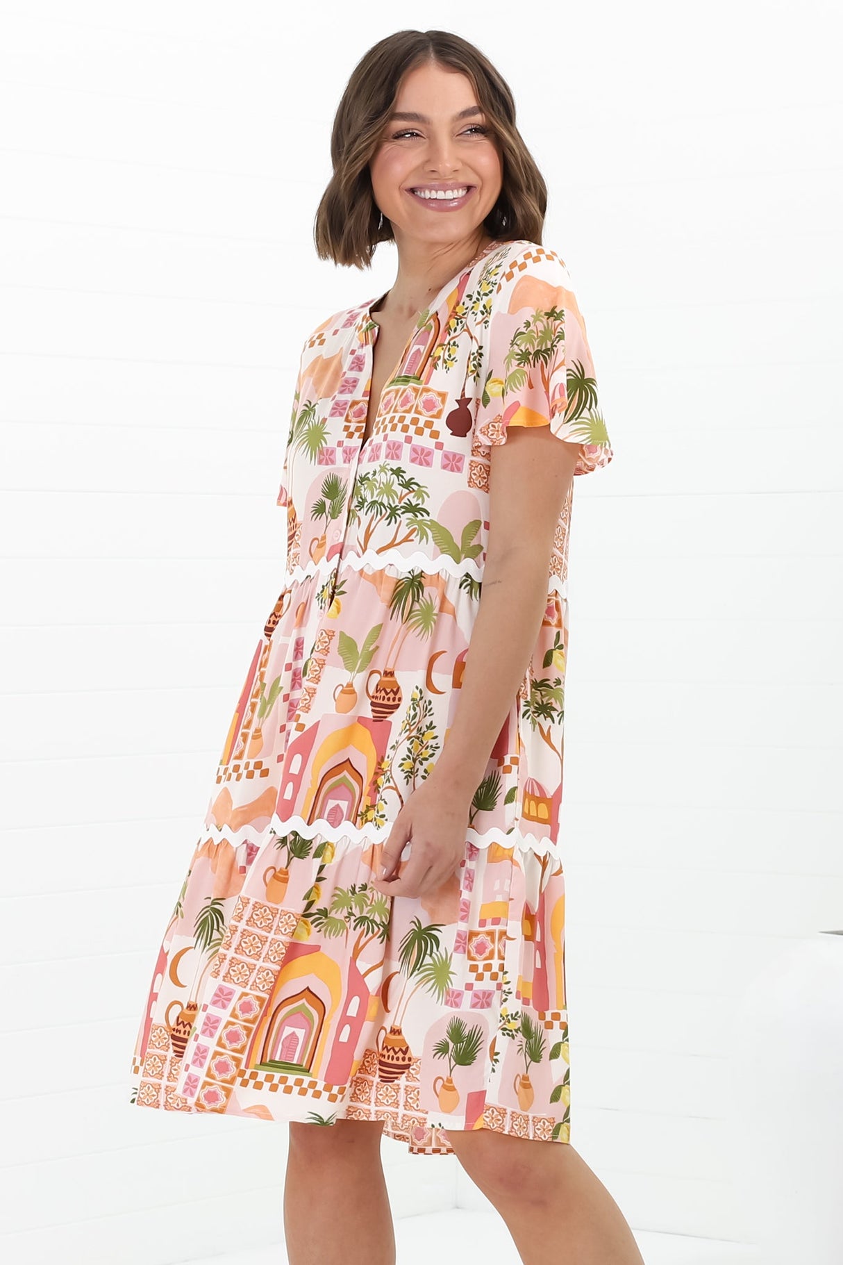 Gabby Mini Dress - Bermuda Collar Button Down Smock with Rick Rack Splicing in Baroa Print