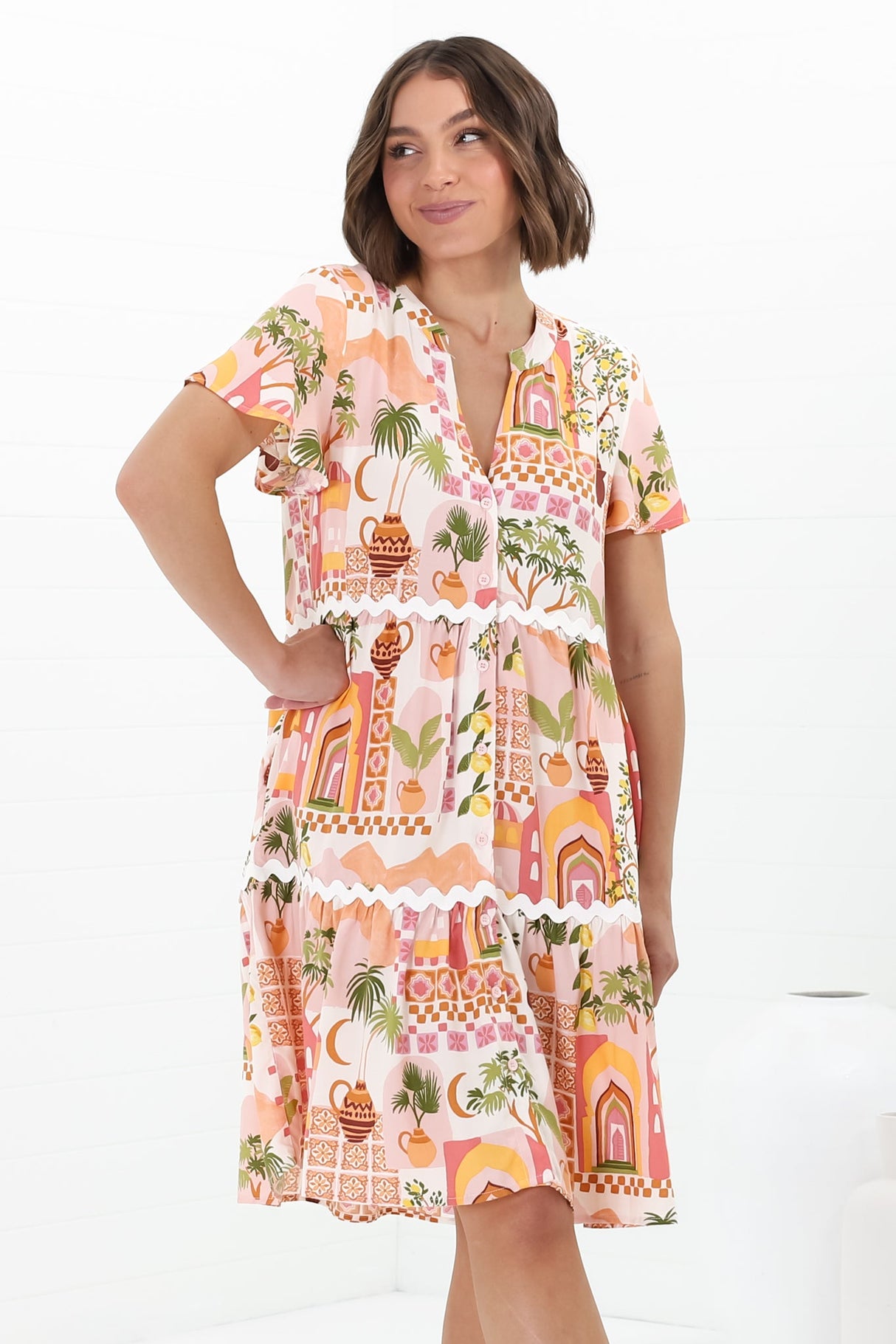 Gabby Mini Dress - Bermuda Collar Button Down Smock with Rick Rack Splicing in Baroa Print