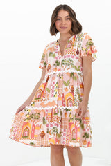 Gabby Mini Dress - Bermuda Collar Button Down Smock with Rick Rack Splicing in Baroa Print