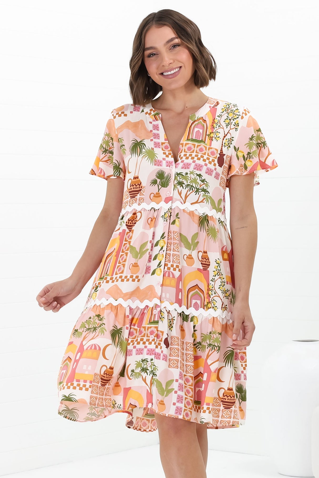 Gabby Mini Dress - Bermuda Collar Button Down Smock with Rick Rack Splicing in Baroa Print