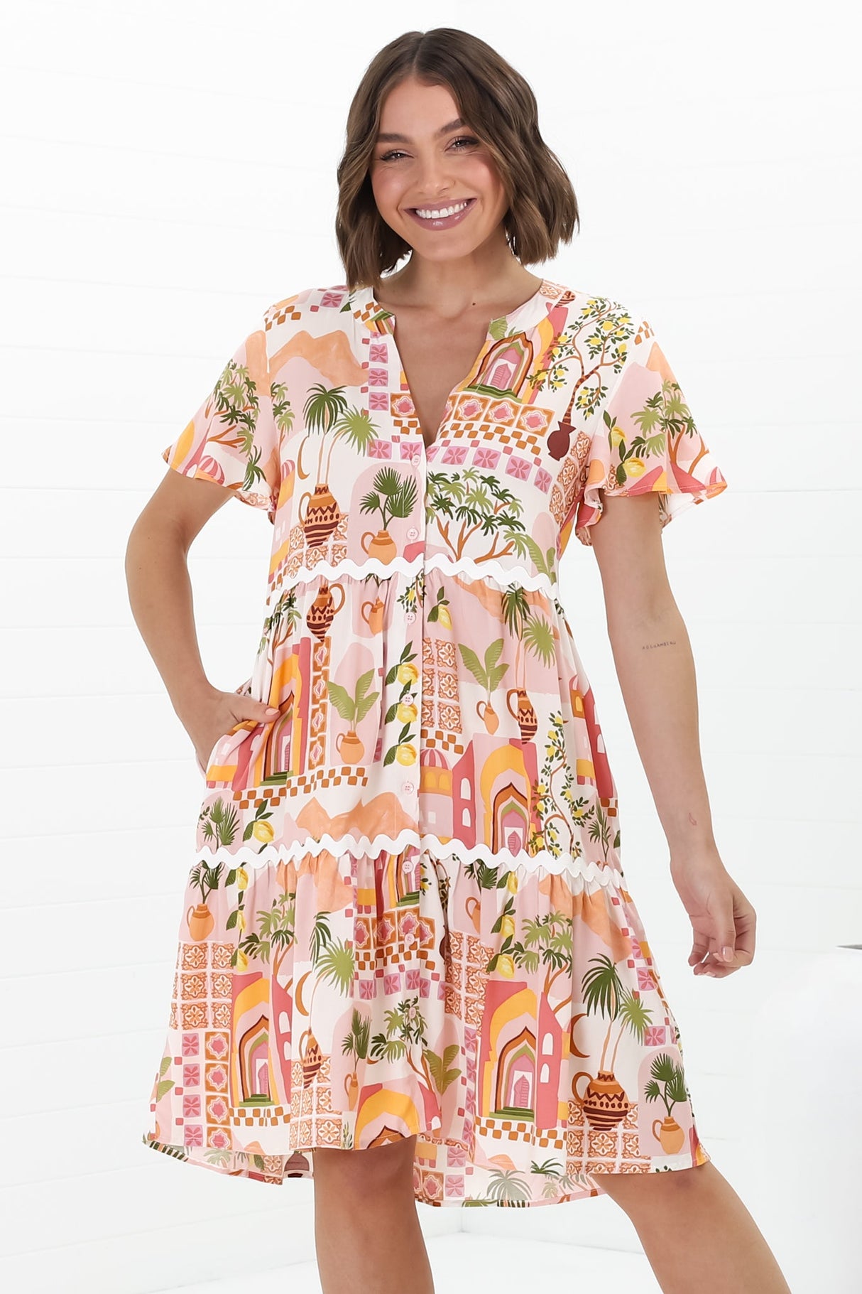 Gabby Mini Dress - Bermuda Collar Button Down Smock with Rick Rack Splicing in Baroa Print