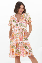 Gabby Mini Dress - Bermuda Collar Button Down Smock with Rick Rack Splicing in Baroa Print