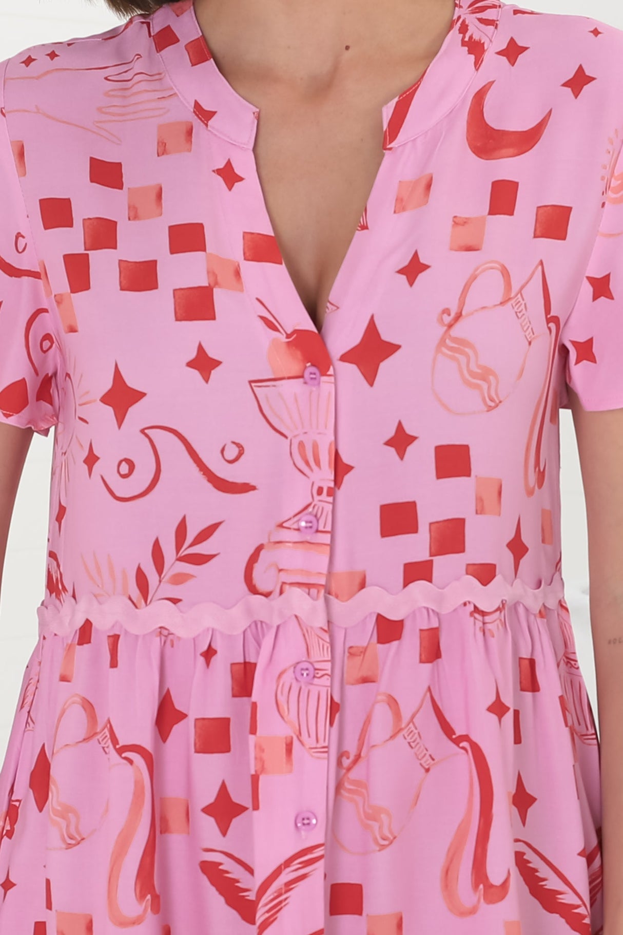 Gabby Mini Dress - Bermuda Collar Button Down Smock with Rick Rack Splicing in Embry Print Pink