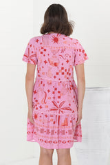 Gabby Mini Dress - Bermuda Collar Button Down Smock with Rick Rack Splicing in Embry Print Pink