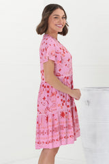 Gabby Mini Dress - Bermuda Collar Button Down Smock with Rick Rack Splicing in Embry Print Pink