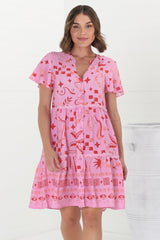 Gabby Mini Dress - Bermuda Collar Button Down Smock with Rick Rack Splicing in Embry Print Pink