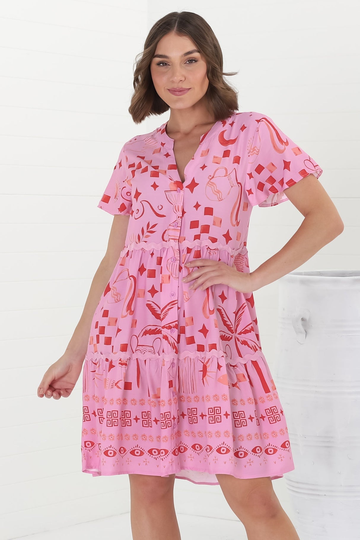 Gabby Mini Dress - Bermuda Collar Button Down Smock with Rick Rack Splicing in Embry Print Pink