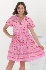 Gabby Mini Dress - Bermuda Collar Button Down Smock with Rick Rack Splicing in Embry Print Pink