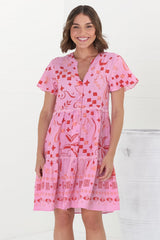 Gabby Mini Dress - Bermuda Collar Button Down Smock with Rick Rack Splicing in Embry Print Pink