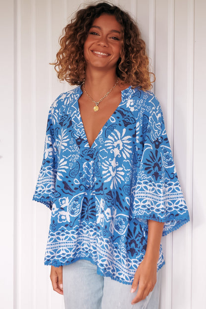 JAASE - Gabriella Top: Mandarin Collar Deep V Neck Crochet Trim Top in Azula Print