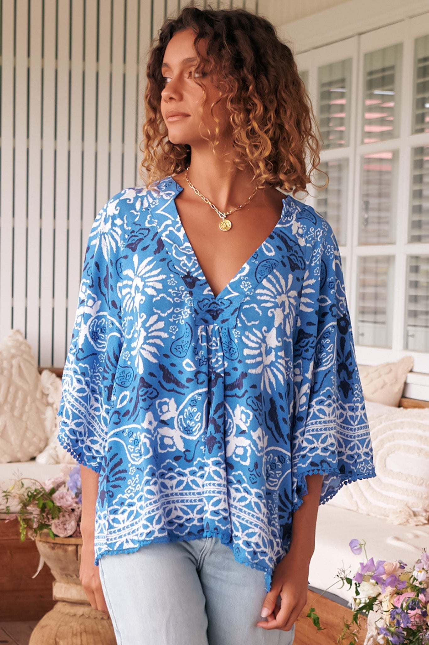 JAASE - Gabriella Top: Mandarin Collar Deep V Neck Crochet Trim Top in Azula Print