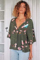 JAASE - Gabriella Top: Mandarin Collar Deep V Neck Crochet Trim Top In Birds Paradise