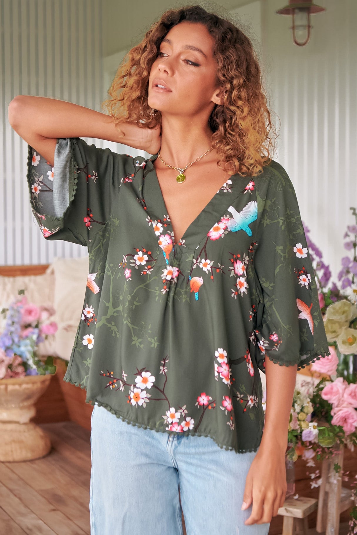 JAASE - Gabriella Top: Mandarin Collar Deep V Neck Crochet Trim Top In Birds Paradise