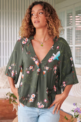 JAASE - Gabriella Top: Mandarin Collar Deep V Neck Crochet Trim Top In Birds Paradise