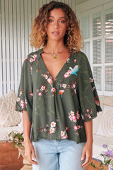 JAASE - Gabriella Top: Mandarin Collar Deep V Neck Crochet Trim Top In Birds Paradise