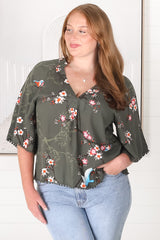 JAASE - Gabriella Top: Mandarin Collar Deep V Neck Crochet Trim Top In Birds Paradise