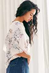 JAASE - Gabriella Top: Mandarin Collar Deep V Neck Crochet Trim Top in Blooming Bouquet Print