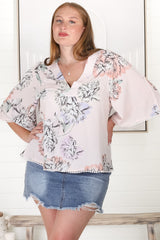 Gabriella Top - Mandarin Collar Deep V Neck Crochet Trim Top in Blooming Bouquet Print