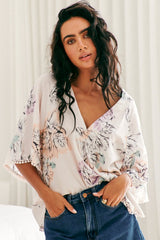 JAASE - Gabriella Top: Mandarin Collar Deep V Neck Crochet Trim Top in Blooming Bouquet Print