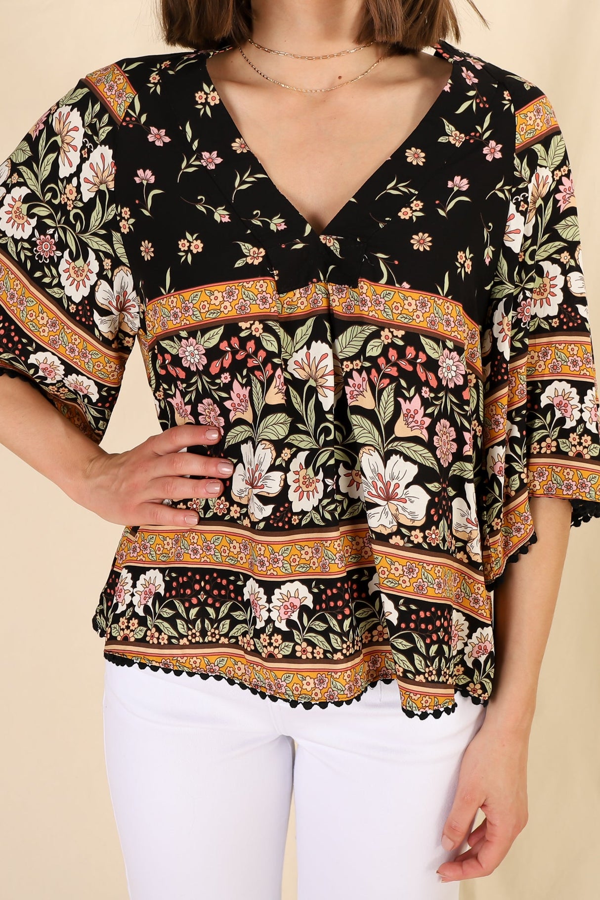 Gabriella Top - Mandarin Collar Deep V Neck Crochet Trim Top in Eternity Print