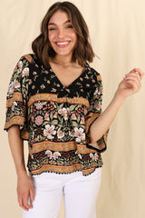 Gabriella Top - Mandarin Collar Deep V Neck Crochet Trim Top in Eternity Print